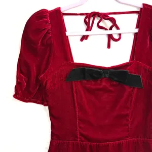 Wayf XS Velvet Puff Sleeve Mini Dress Red Bow Holiday‎ Party Romantic Valentines thumbnail 4