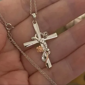 Flower Wrapped Sterling Silver Cross Two Toned Necklace thumbnail 4