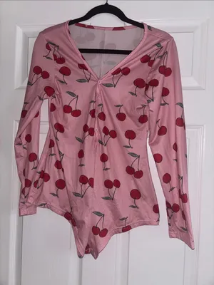 Juniors Pink Long Sleeve Romper Onesie Pajama Cherry Print Sweet Text thumbnail 1