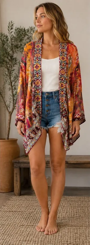Love Kyla Boho Kimono Cardigan Womens One Size Embroidered Patchwork Viscose thumbnail 1
