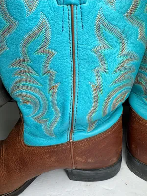 Tony Lama Brown Leather Cowboy Boots with Turquoise Shaft square toe cowgirl 10C thumbnail 9