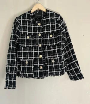 Tahari Black and White Checkered Wool Bleed Tweed Blazer Small New thumbnail 1