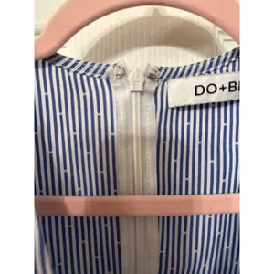 DO+BE Blue/White Boutique Pinstripe Ruffled Sleeve Plunge Top, S thumbnail 6