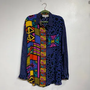 Platinum Blue Abstract Geometric Oversized Colorblock Button Down Blouse Sz M thumbnail 2