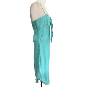 Le Muse Women's 100% Linen Bow Front Asymmetrical Midi Dress Teal Blue Sz 6 thumbnail 3