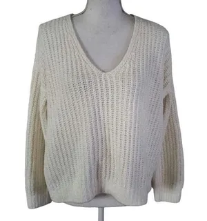 Express Size XS Cropped V Neck Sweater Chenille Ribbed Knit Ivory Oversized Boxy thumbnail 1