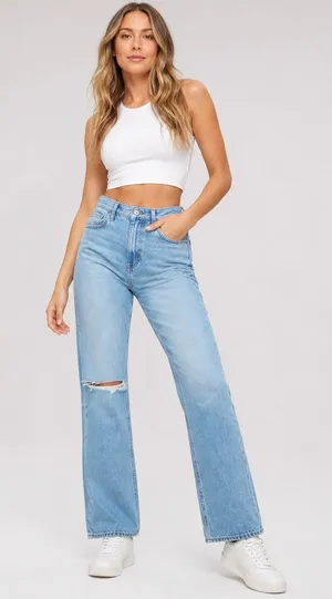 American Eagle Highest Rise‎ 90s Flare Jeans Light Wash Distressed Womens 8 thumbnail 1
