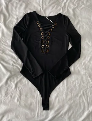 Black Lace Up Long Sleeve Bodysuit thumbnail 1