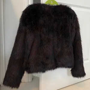 H&M Faux Fur Burgundy + Navy Toned Faux Leather Trim Coat thumbnail 8