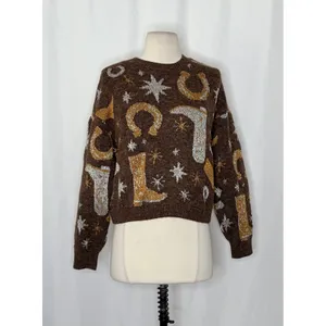 ZARA Western Cosmic Cowboy Boots Stars Jacquard Sweater Metallic Crewneck Small‎ thumbnail 2