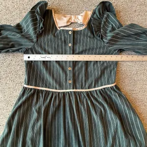 Vintage Style Corduroy Pinstripe Midi Dress Green Puff Sleeve Double Bow Back thumbnail 5