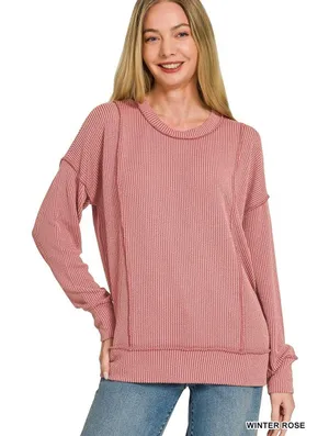 Zenana Corded Rib Long Sleeve‎ Round Neck Top - Winter Rose - Large thumbnail 1