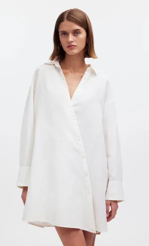 NEW Madewell White Linen Asymmetric Button Up Long Sleeve Mini Shirt Dress XXS thumbnail 1