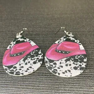 Boho SouthWestern Faux Leather Pink Cowboy Hat Milk Pattern Earrings thumbnail 4