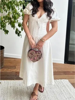Maeve by Anthropologie Puff-Sleeve Corset Linen Midi Dress thumbnail 2