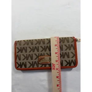 Michael Kors Jet Set Wallet Brown Monogram Canvas Orange Leather Zip Around thumbnail 8