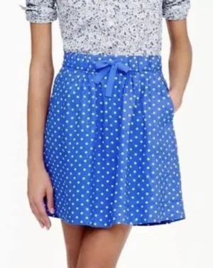J CREW Mini Skirt Blue White Linen Polka Dot‎ Drawstring Size 8 Pull on Feminine thumbnail 1