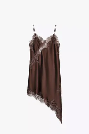 Zara Elegant Brown Lace Slip Satin Mini Asymmetric Dress blogger favorite thumbnail 11