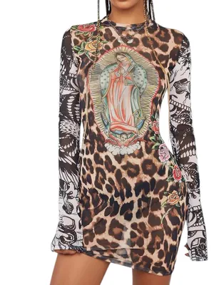 Ed Hardy Cheetah Print Mesh Bodycon Womens 2X Tattoo Logo Y2K 90s Sheer Dress thumbnail 2