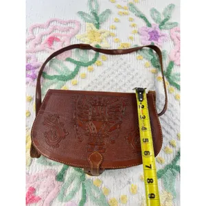 Vintage Hand‎ Tooled Leather Aztec Mayan Calendar Crossbody Saddle Bag Brown thumbnail 6