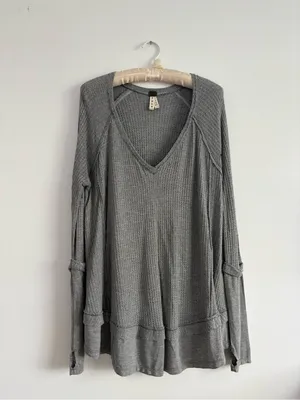 Free People We The Free Grey Thermal Long Sleeve Waffle Knit Oversized Top thumbnail 3