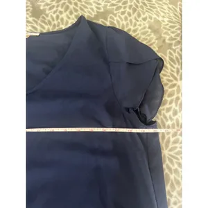 Skies Are Blue Petal Sleeve Lace Hem Blouse Large V-Neck Navy Blue Office Minimalist Feminine thumbnail 5