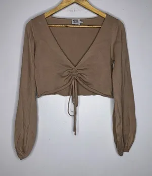 princess polly beige‎ cropped knit long sleeve rouched top Xs/s CP3 thumbnail 1