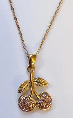Pink cherry charm zirconia gold necklace thumbnail 1