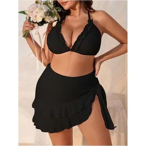 Boutique Black 3 Piece Plus Size 1XL Lettuce Trim Bikini Halter Triangle Swimsuit w/ Wrap thumbnail 5