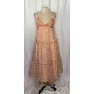 ZARA Organza Pink Peach Floral Maxi Dress Tiered Sundress Summer Vacation Medium thumbnail 2