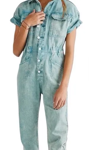 We The Free Marci Mint/Aqua Denim Overalls Jumpsuit Size Small thumbnail 1