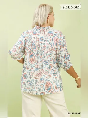 New! Umgee Plus Size Floral Paisley V-Neck Peasant Top - Blue/Pink Size X Large thumbnail 3