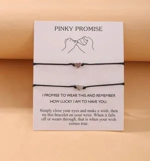 Pair of heart string bracelets, pinky promise, black, silver, best friends, bff thumbnail 1