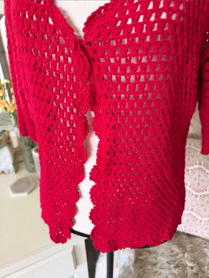 Norm Thompson red linen cotton, crochet knit, 3/4 sleeve sweater cardigan XL thumbnail 4