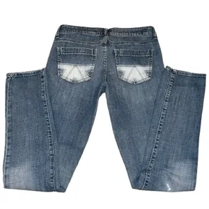 American Eagle Vintage Low Rise Blue Jeans Embroidered Bleached Pattern Pockets thumbnail 7