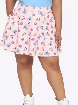 Disney Hot Topic Stitch Pizza Donut Pink Skater Skirt Pockets Plus Size 2 NEW‎ thumbnail 1
