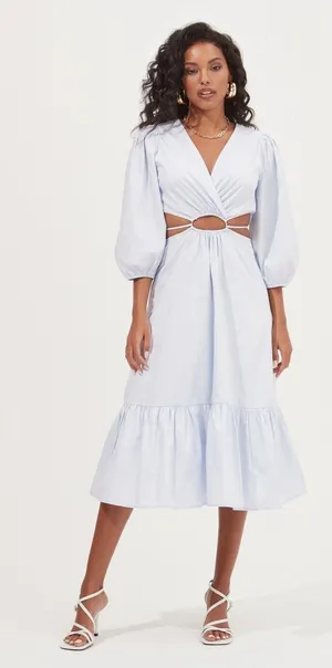 ASTR The Label Rosewood Cutout Waist Midi Dress Light Blue Size S NWT thumbnail 1