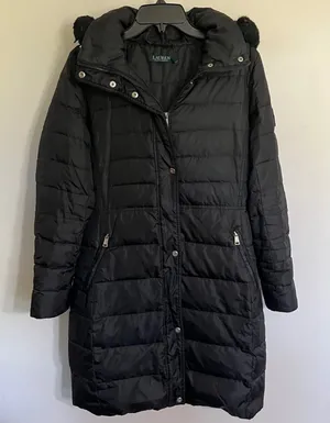 Lauren Ralph Lauren Black Quilted Down Puffer Coat Faux‎ Fur Zip Off Hood Small thumbnail 1