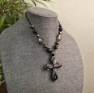 Y2K Whimsygoth Gothic Black silver multicolored beaded Large cross necklace pendant charm #boho #hippie #indie #whimsigoth #festival thumbnail 2