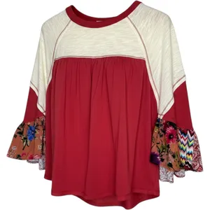 Oddi Boho‎ Mixed Media Bell Sleeve Top Floral Patchwork Red Women Size Med/Large thumbnail 1