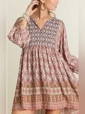 Umgee Babydoll Tunic Dress Brown Medium NWOT IN PACKAGE thumbnail 2