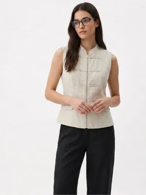 Zara Linen-Blend Zip-Up Military Vest with Fabric Frogging - Cream/Beige large thumbnail 7