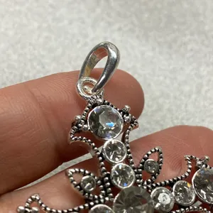 Silver Tone Cross Rhinestone Ornate Pendant Necklace Statement Religious Faith thumbnail 4