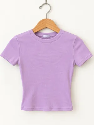 SKIMS Lavender Ribbed Fitted Crewneck Cropped Top XS Stretch Short Sleeve Lounge thumbnail 3