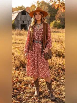 Índigo Rose Rust Floral V-Neck Midi Dress with Long Sleeves size L fall ready thumbnail 4