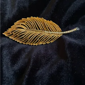 Vintage Modern Gold Tone Feather Brooch with White Rhinestone's thumbnail 2