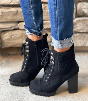 Top Moda Black Sherpa Lined Chunky Lug Sole Ankle Bootie thumbnail 1