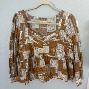 Millibon Mustard, Brown & White Patchwork Long Sleeve Top Size L thumbnail 1