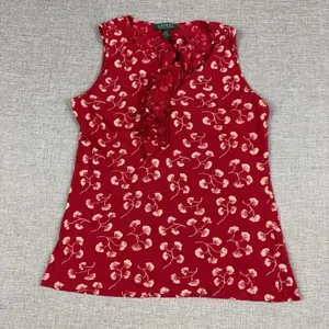 Lauren Ralph Lauren Tank Womens M Red Floral V-Neck Ruffle Jersey Lightweight thumbnail 1