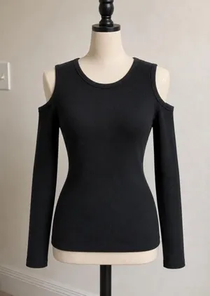 AllSaints Black Cold Shoulder Long Sleeve Top Minimalist Stretch Knit XS-S thumbnail 1